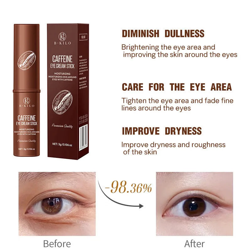 Caffeine eye cream stick in packaging, 3g net content for hydrating and reducing fine lines and dark circles.