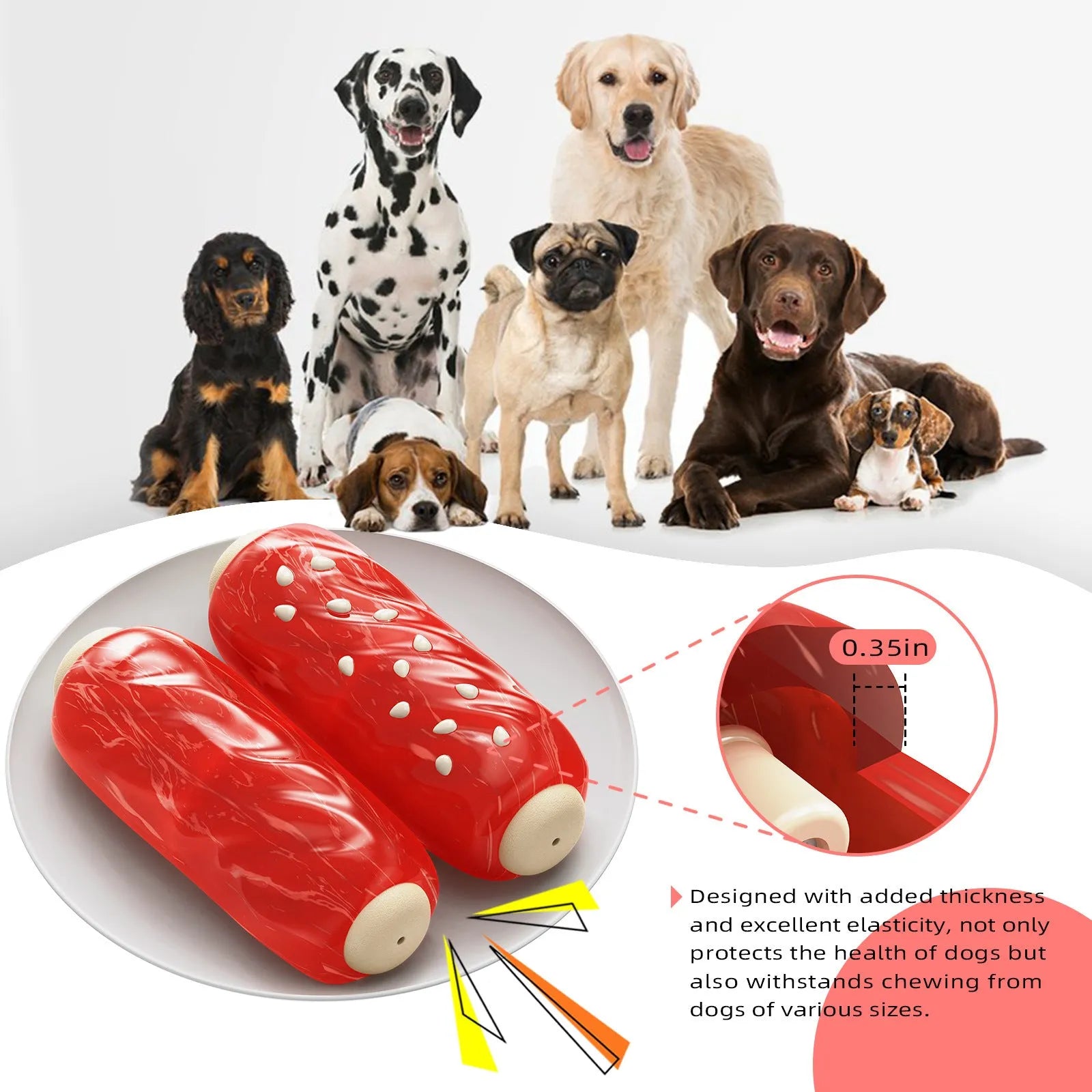Primary colour plastic dog chew toy with molar rod shape for dental gnawing
