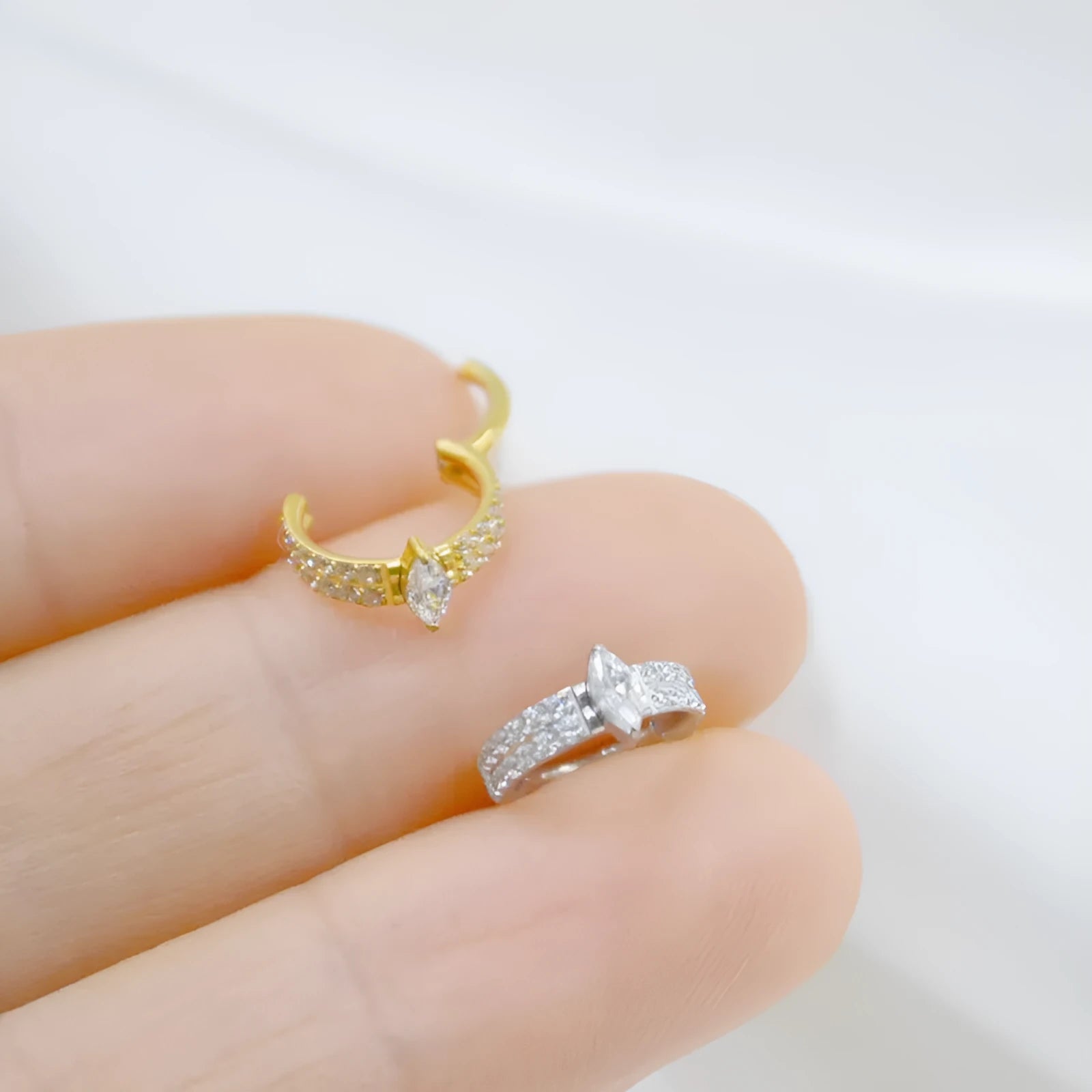 Gold and silver titanium steel heart-shaped zircon earrings for women, 1.2mm by 8mm