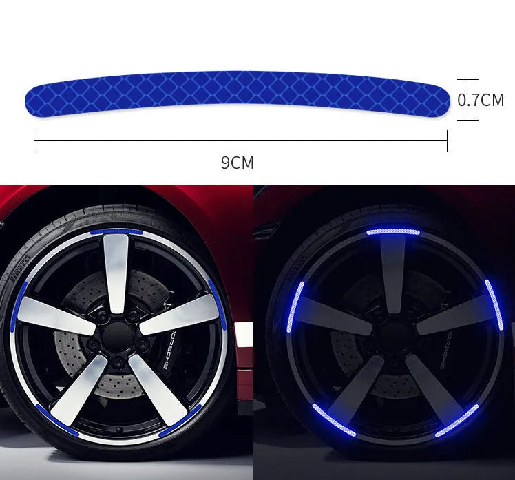 20-piece pack of multicoloured reflective PVC stickers for car and bicycle wheel hubs.