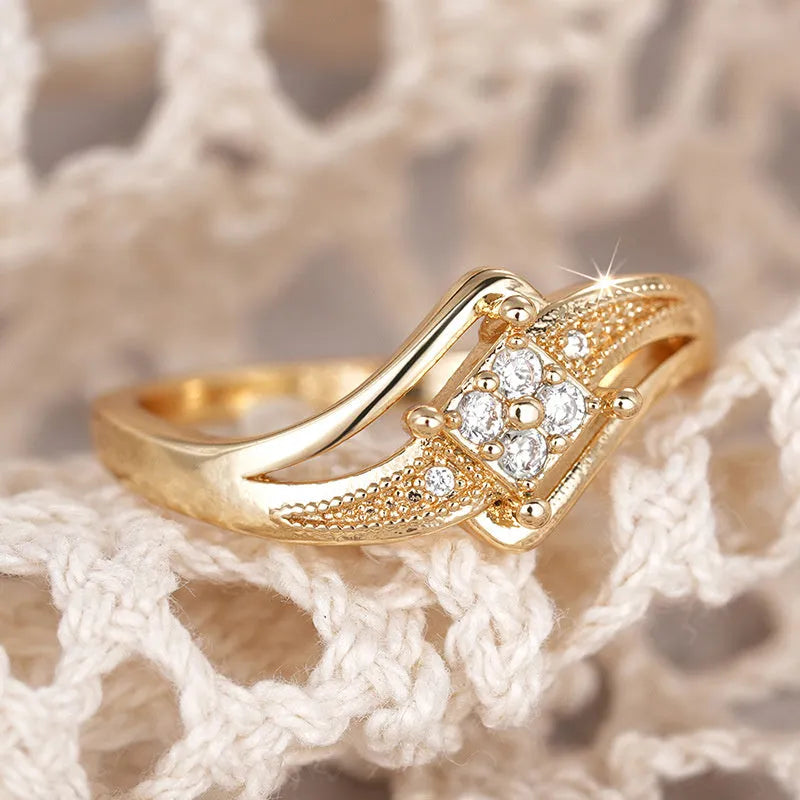 Women's copper diamond shape ring with micro inlaid zircon geometric design in yellow gold colour