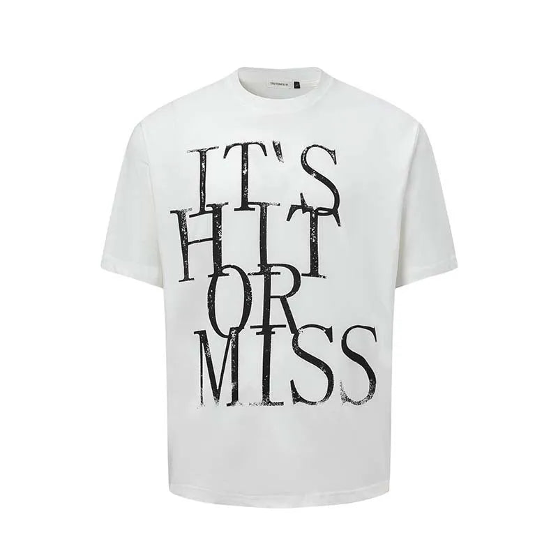 Men's blue American-style letter printed round neck T-shirt, loose fit