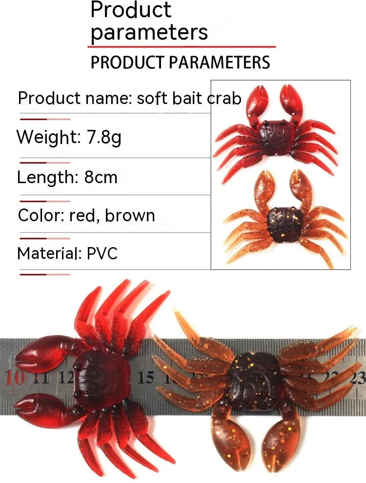 PVC soft crab fishing lure measuring 8cm in brown and red colour variations