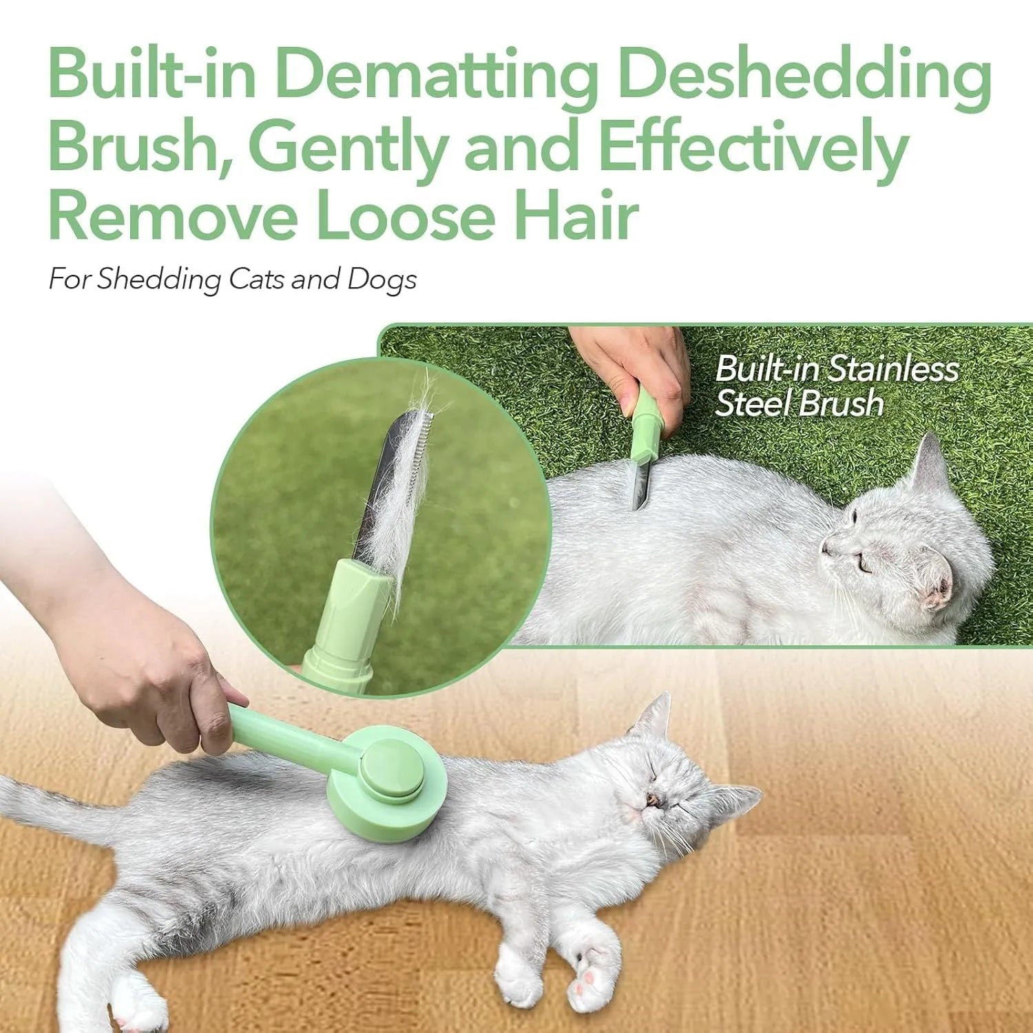 Green pet grooming brush with stainless steel teeth for deshedding cats and dogs