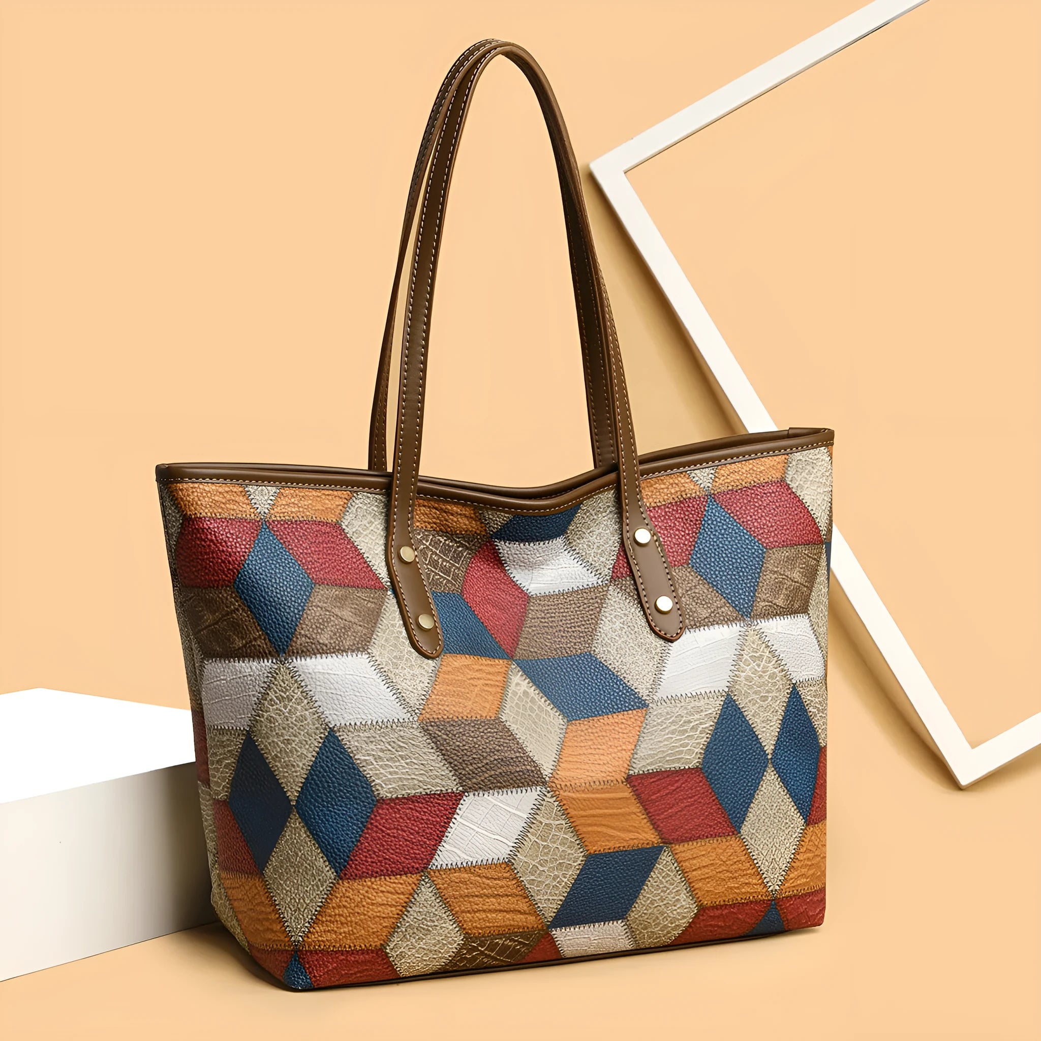 Women's large capacity PVC handbag in blue-brown colour with outer sandwich pockets