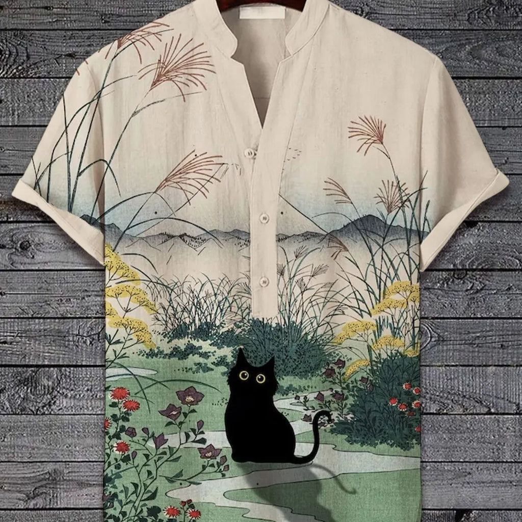 Men's 3D digital animal print short sleeve shirt in polyester fabric showing graphic design detail