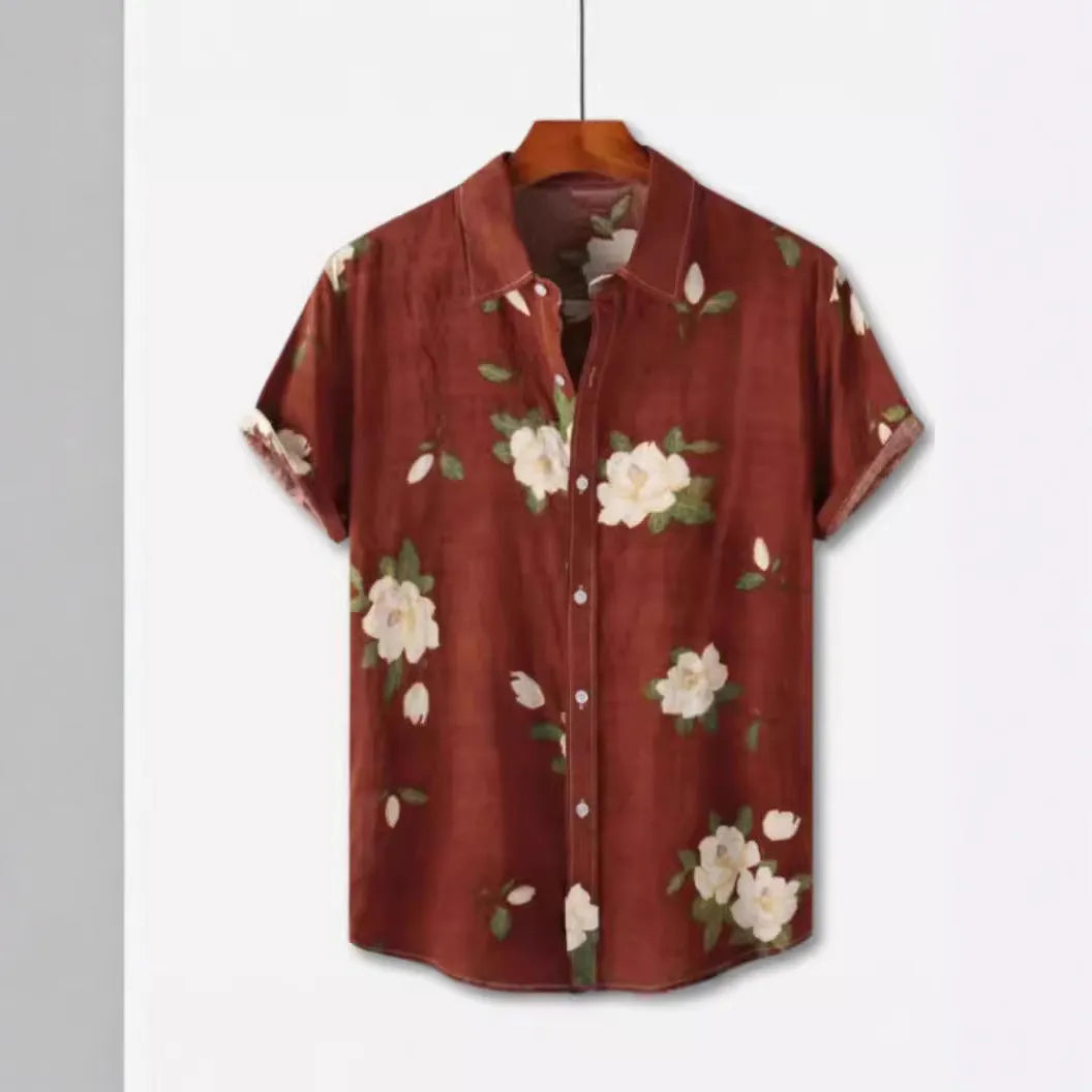 Hawaiian floral print short sleeve shirt in cardigan style with digital printing on elastic polyester fabric
