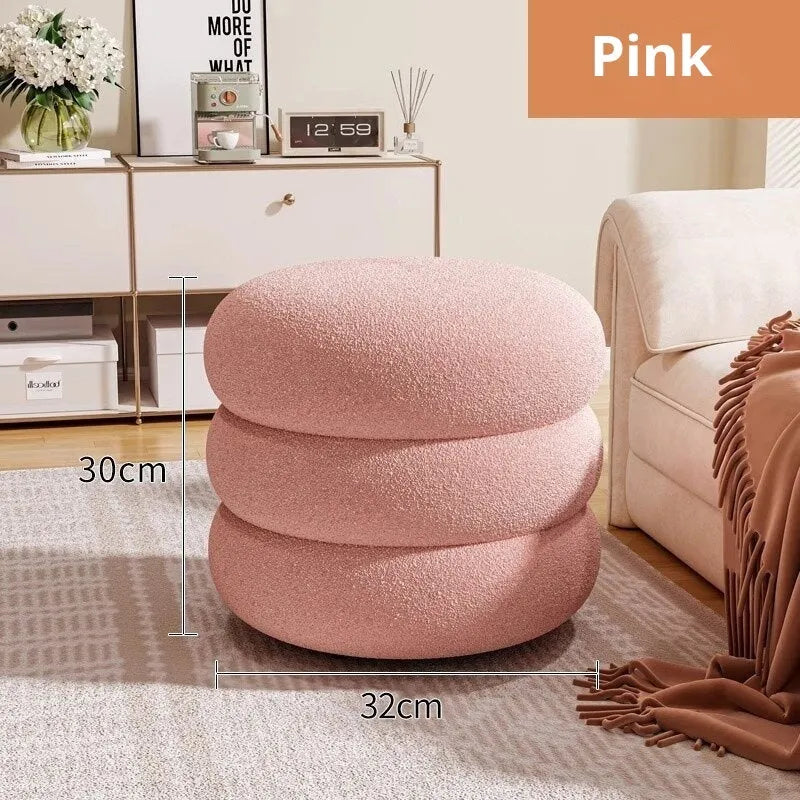 Small cream style round stool with skin-friendly lamb high elastic sponge fill in a living room