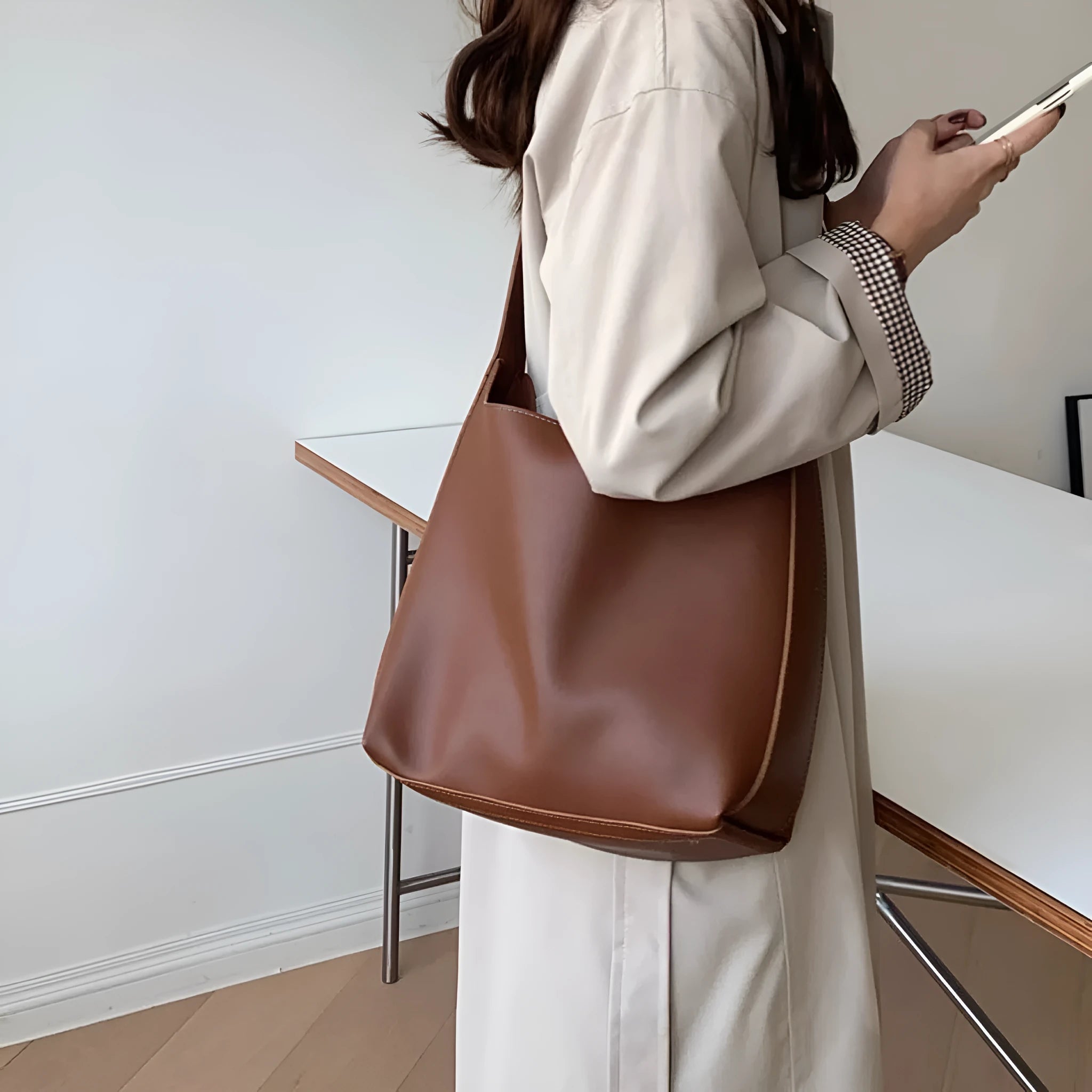 Women's black and brown PU shoulder bags with swing thread detail, dimensions 28×32×12cm