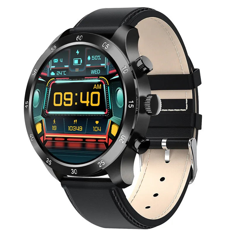 Black Bluetooth smart watch with steel strap on wrist, showing call and health tracking display