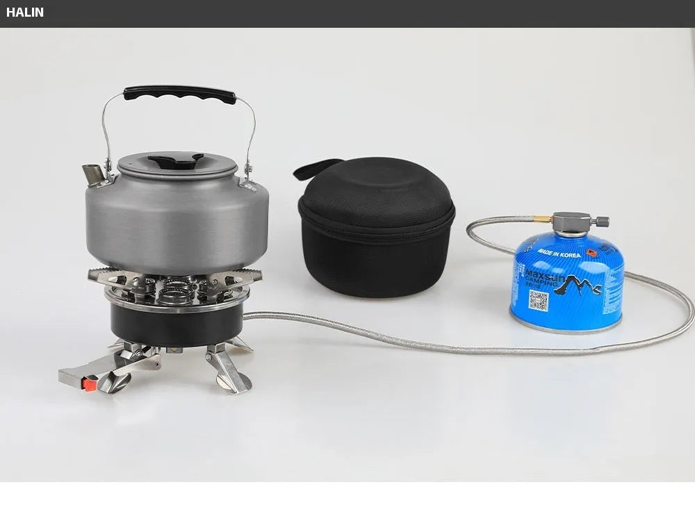 Silver stainless steel foldable split camping stove with copper fittings and extended hose