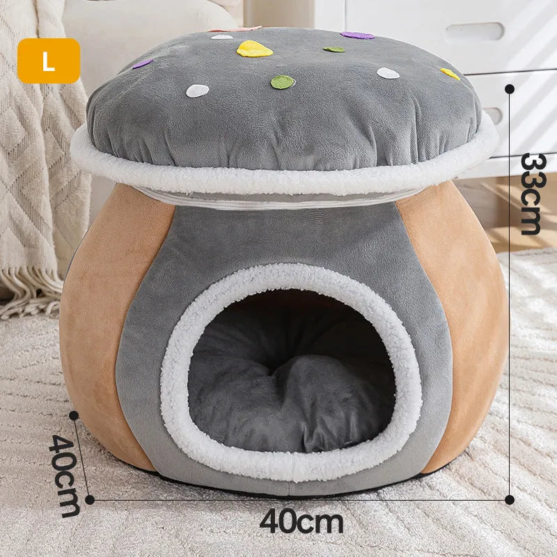 Plush grey mushroom-shaped cat bed with a detachable rabbit fur blanket inside.