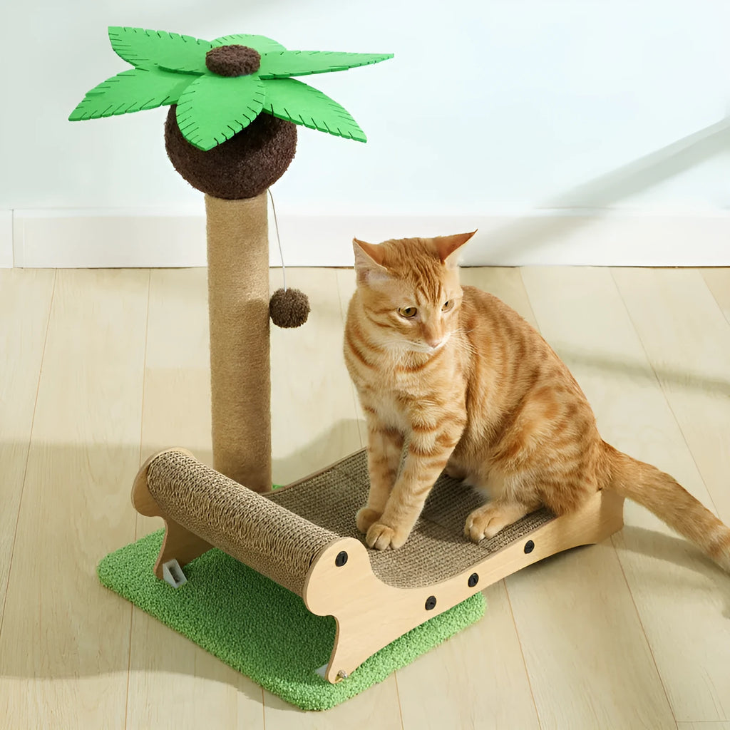 Wooden beach chair shaped cat climbing frame with scratch board surface and hemp mat column