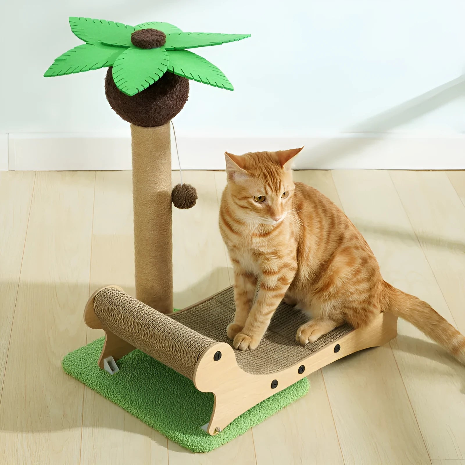Wooden beach chair shaped cat climbing frame with scratch board surface and hemp mat column