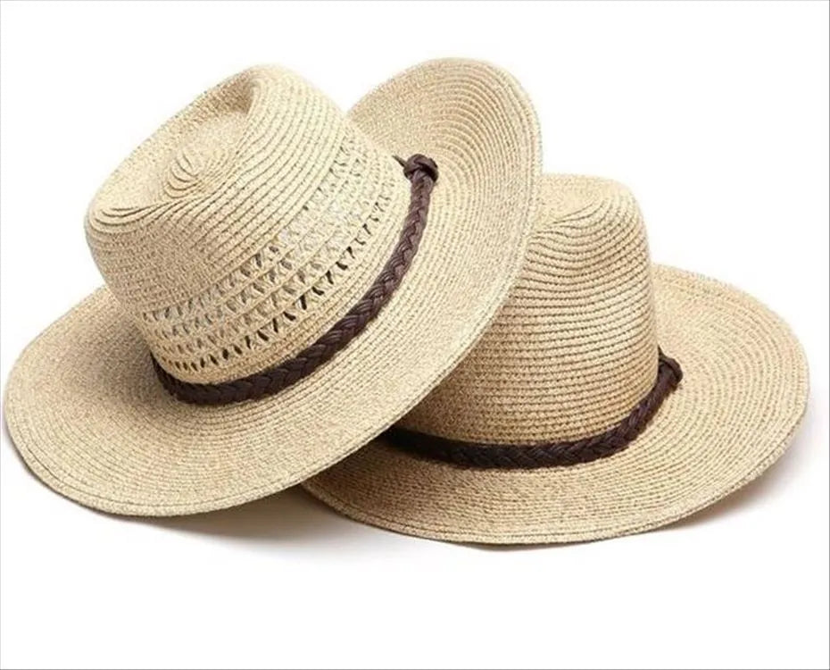 Men's foldable wide-brim straw sun hat in mixed beige colour for summer outdoor wear