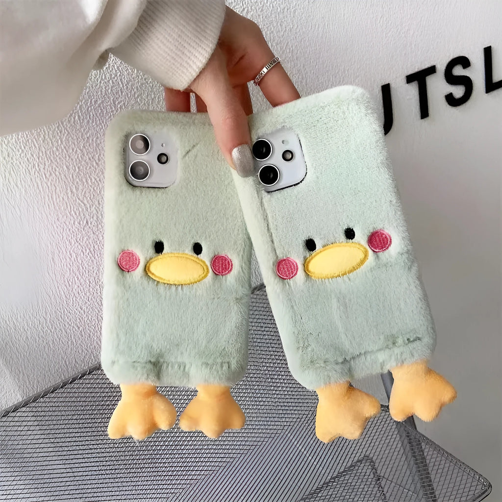 Plush TPU phone case for iPhone 15 Pro with cute duck design in plush vertical duck colour