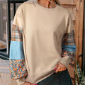 Women's plaid stitching long-sleeved loose top in apricot colour with Japanese casual style