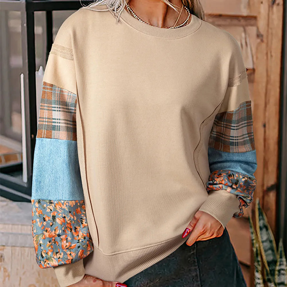Women's plaid stitching long-sleeved loose top in apricot colour with Japanese casual style