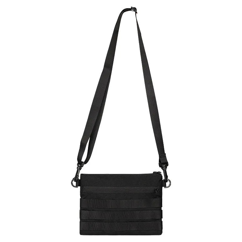 Black Oxford cloth military-style outdoor tactical bag, compact size.