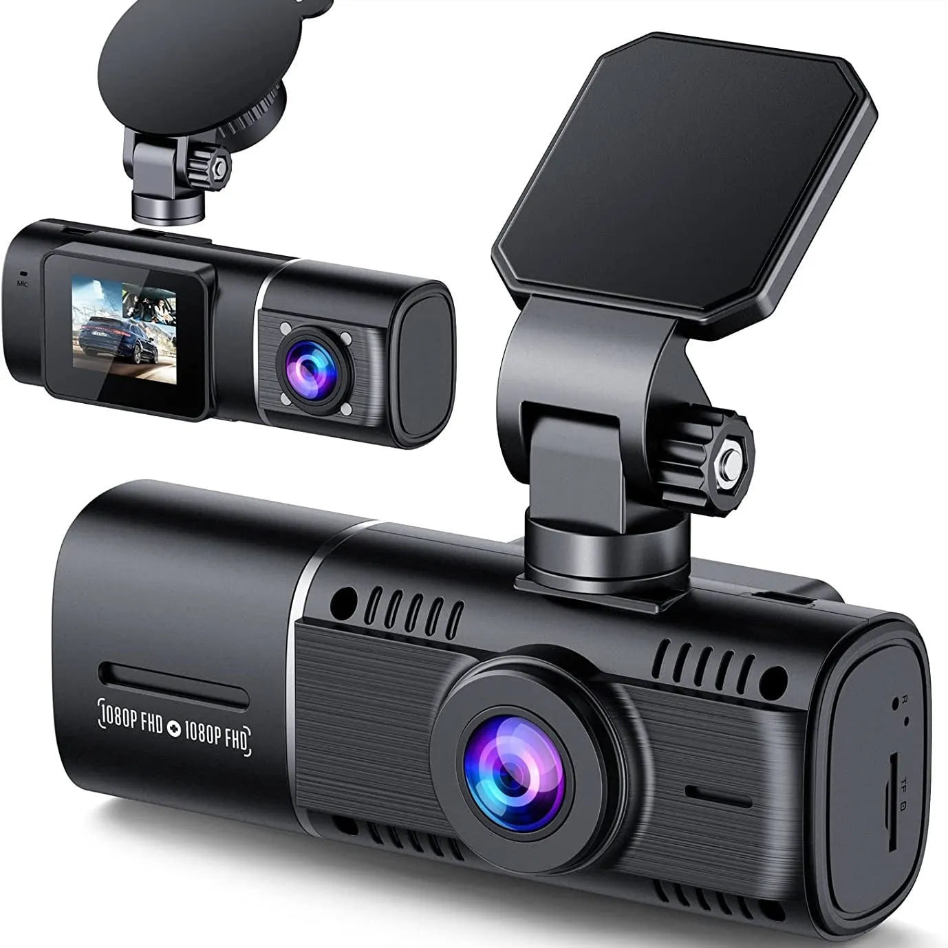Black car dashcam with 1.5-inch screen showing dual camera recording display for front and rear vehicle monitoring