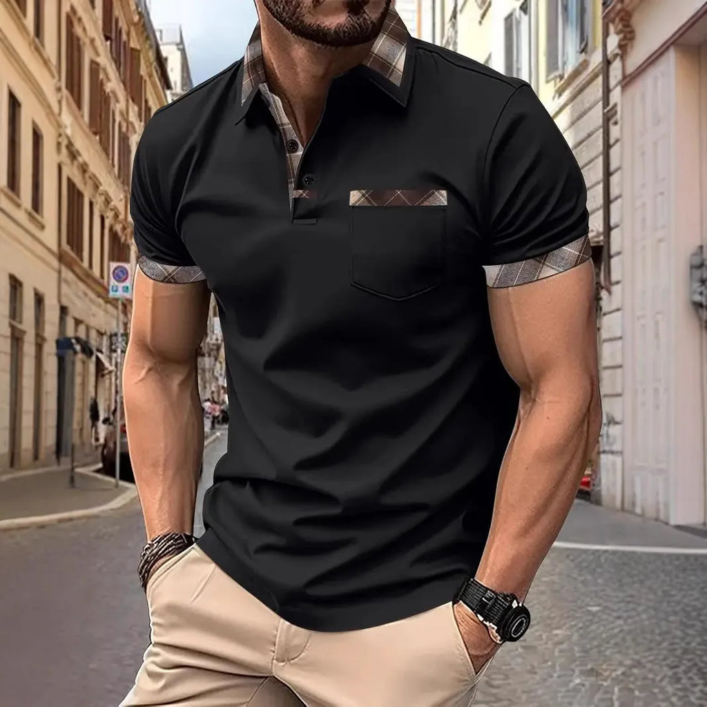 Men's loose fit short sleeve t-shirt with colourblock plaid pattern in polyester fabric