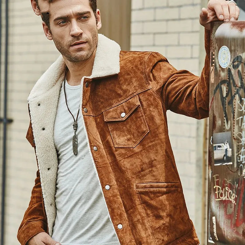 Men's genuine brown pigskin leather jacket with cotton padding and lapel collar