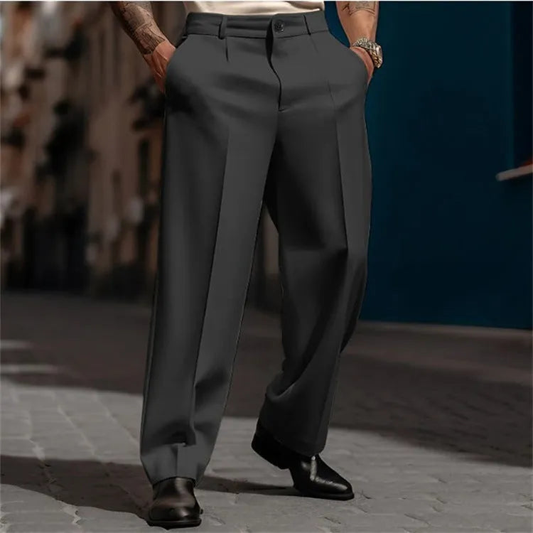 Men's straight-leg suit pants in solid colour with diagonal pockets, cotton-polyester blend, available in multiple colours