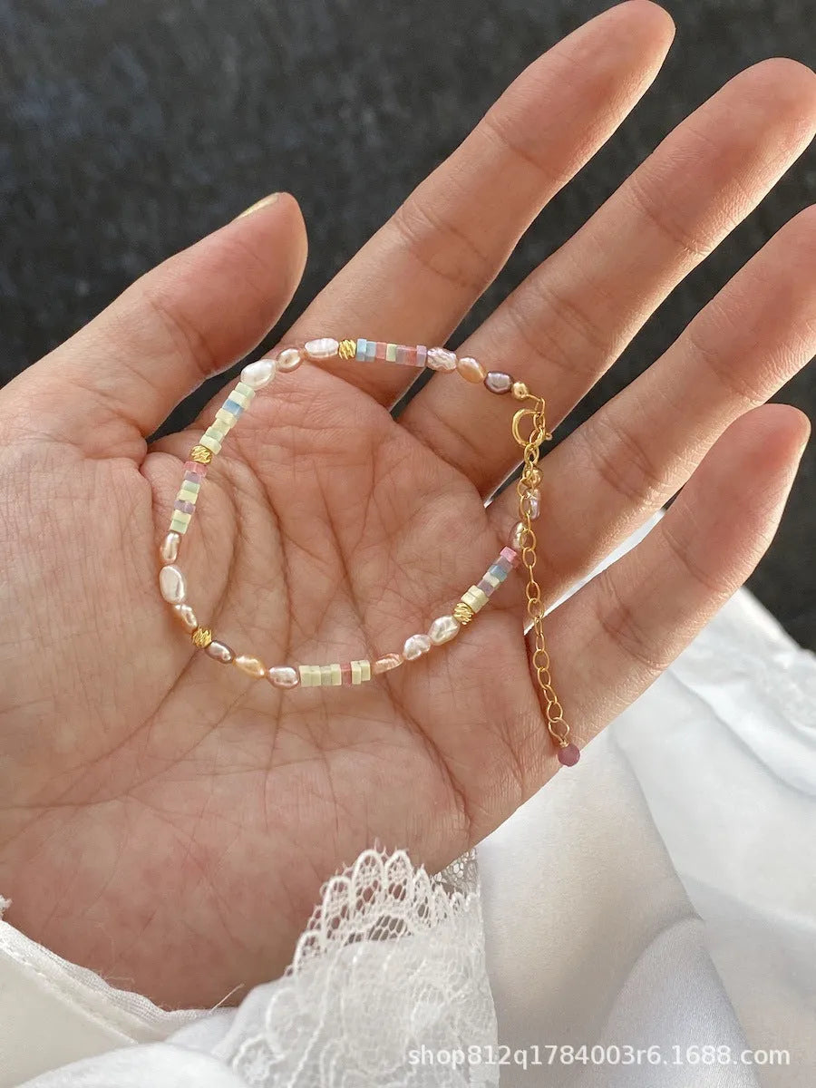 14K gilded purple silver mini bracelet with irregular natural pearl and U-shaped design for women