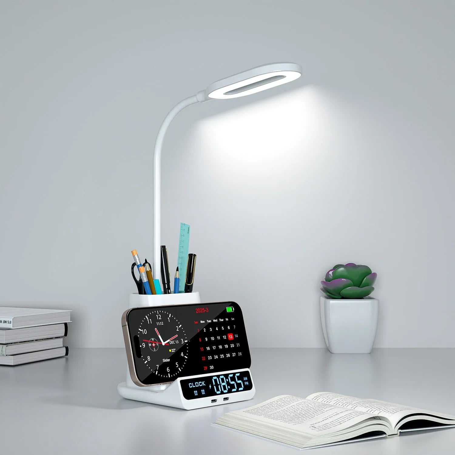 Modern wireless charging desk lamp with pen holder and storage compartment in black or white