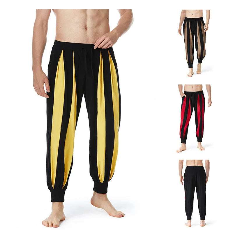 Men's straight-leg casual trousers in red, khaki, yellow, and brown colours on a size chart background.