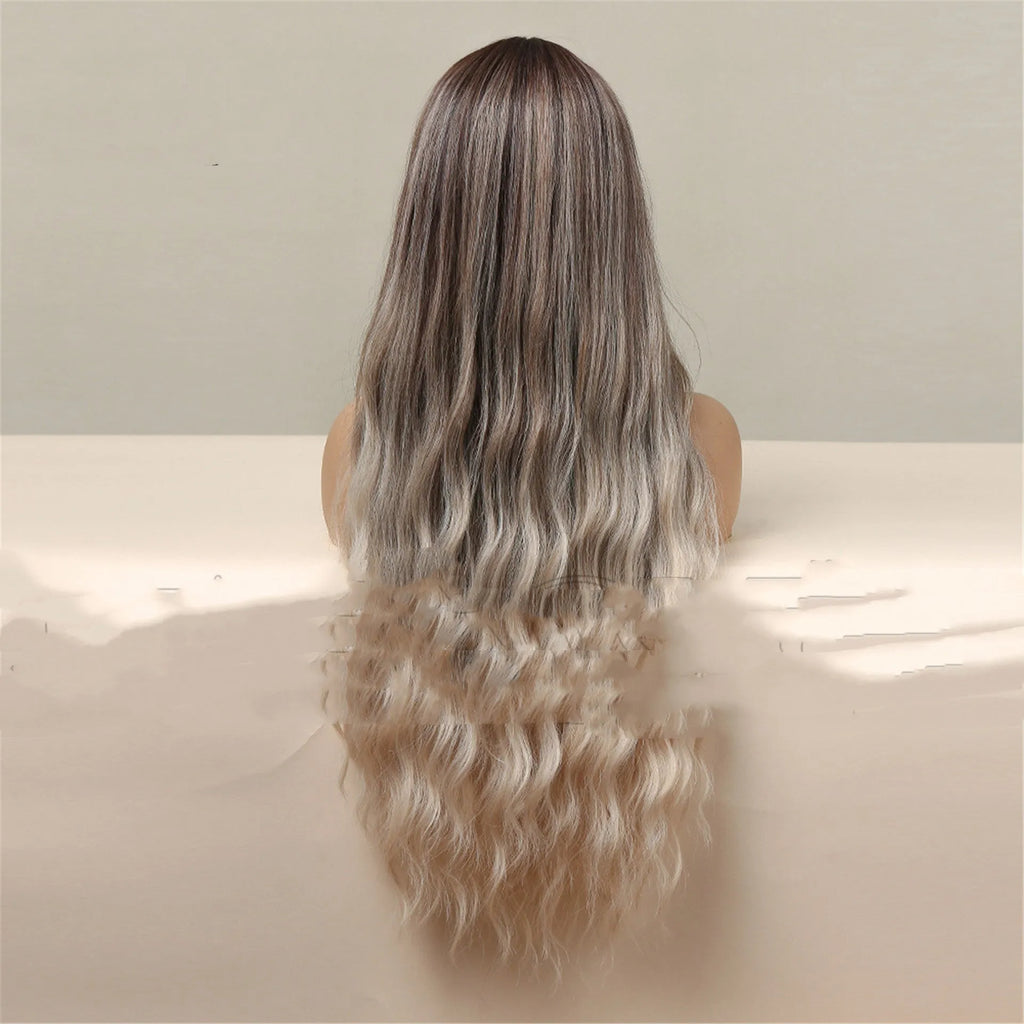 Medium brown gradient blonde long curly wig with medium bang on a mannequin