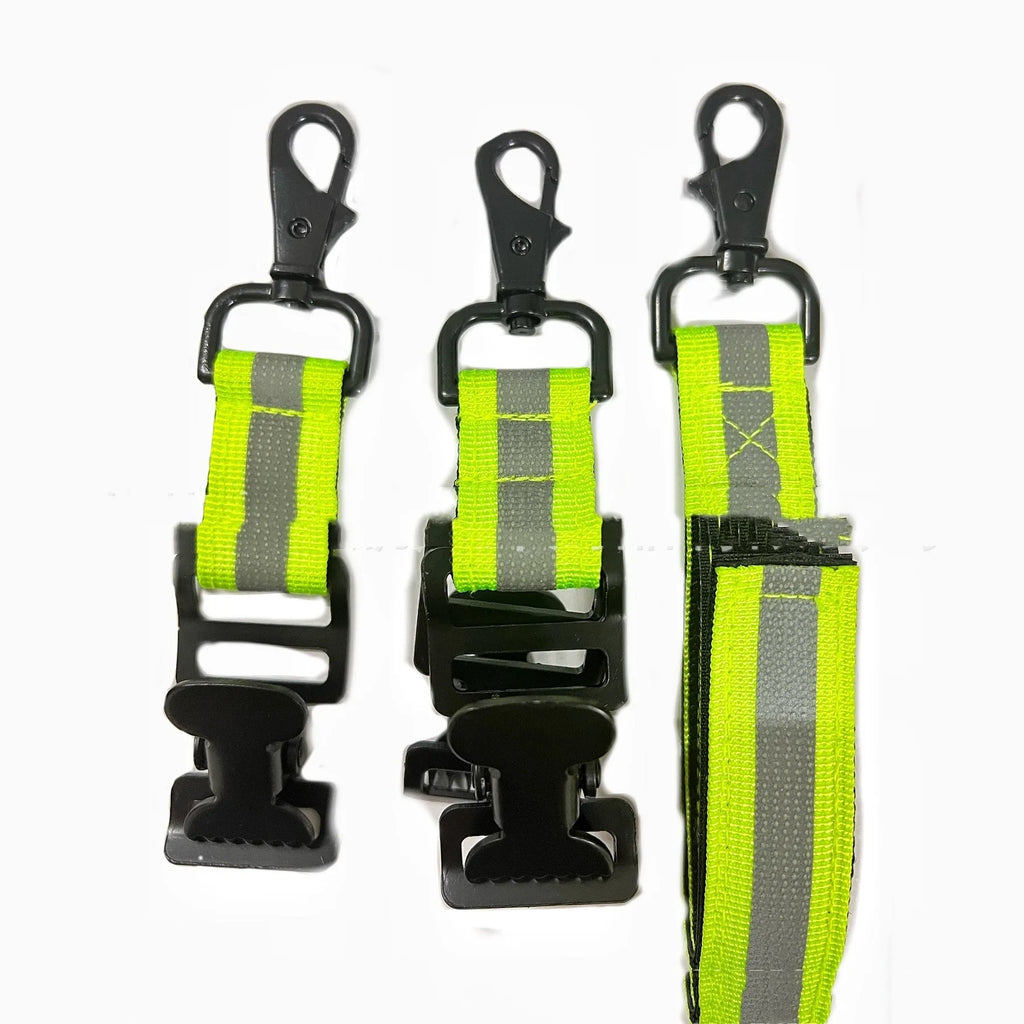 Fluorescent green metal safety clamp with reflective nylon lining for attaching work gloves.