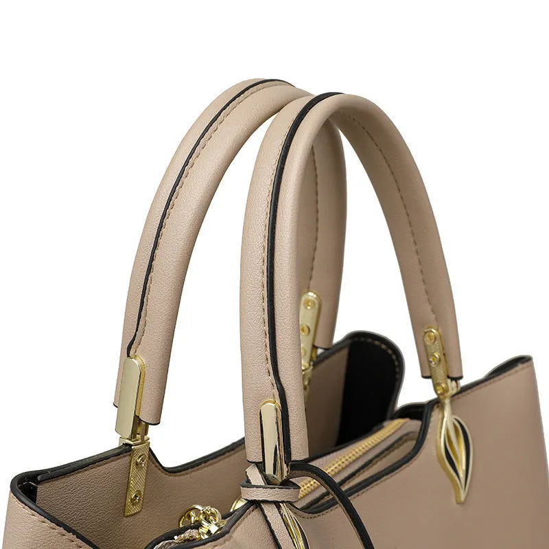 Women's multi-compartment PU leather messenger bag in urban simplicity style, shown in various colours.
