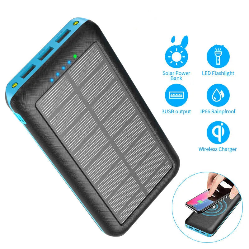 Black portable solar power bank with wireless charging pad and three USB ports on a wooden surface.