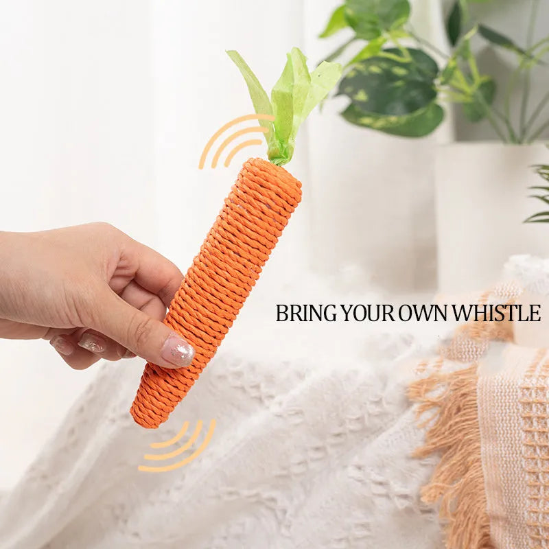 Assortment of interactive cat toys including carrot bites, paper toys, ringing stones, and dental sticks in two sizes