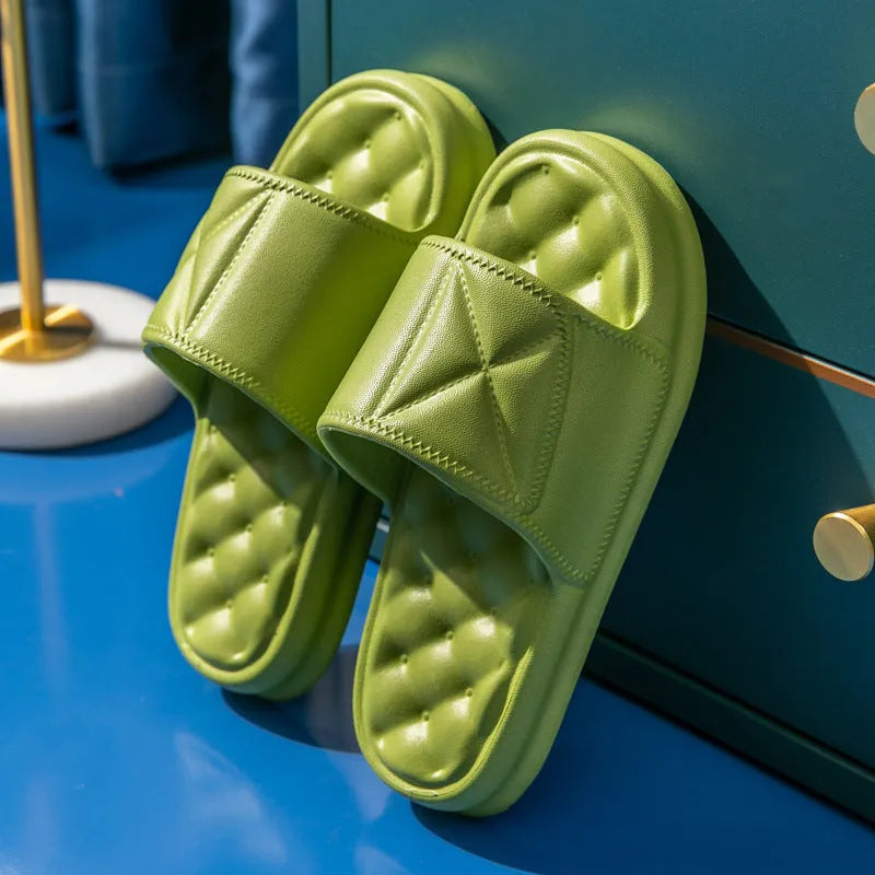 EVA bathroom sandals with thicker sole showing non-slip pattern and available colour options