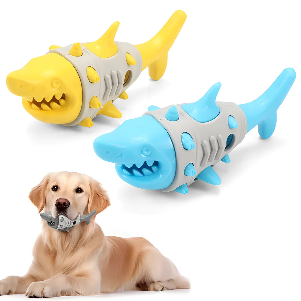 Blue shark-tooth textured dog teething toy with ventilation channels for puppy oral health