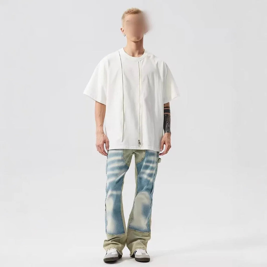 Yellow and blue retro patchwork splash-ink damaged design jeans with mid-waist fit and zip fly