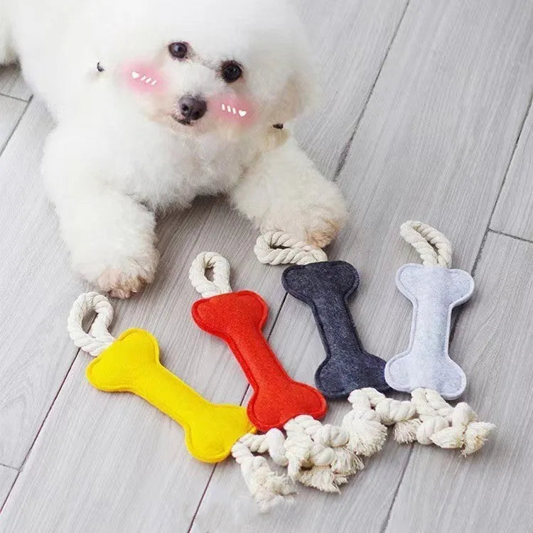 Blue bone-shaped dog toy made of felt with rope knots, shown on a white background.