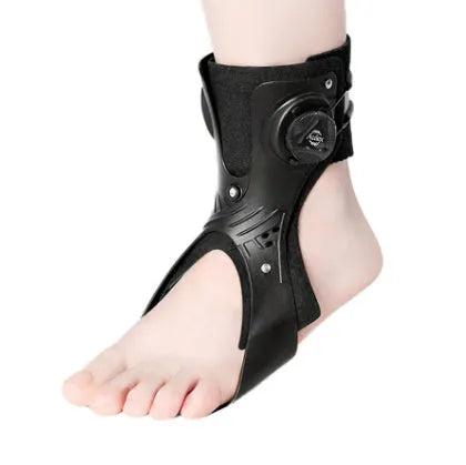 Grey ankle support brace with an airbag button adjustment system shown on a foot.