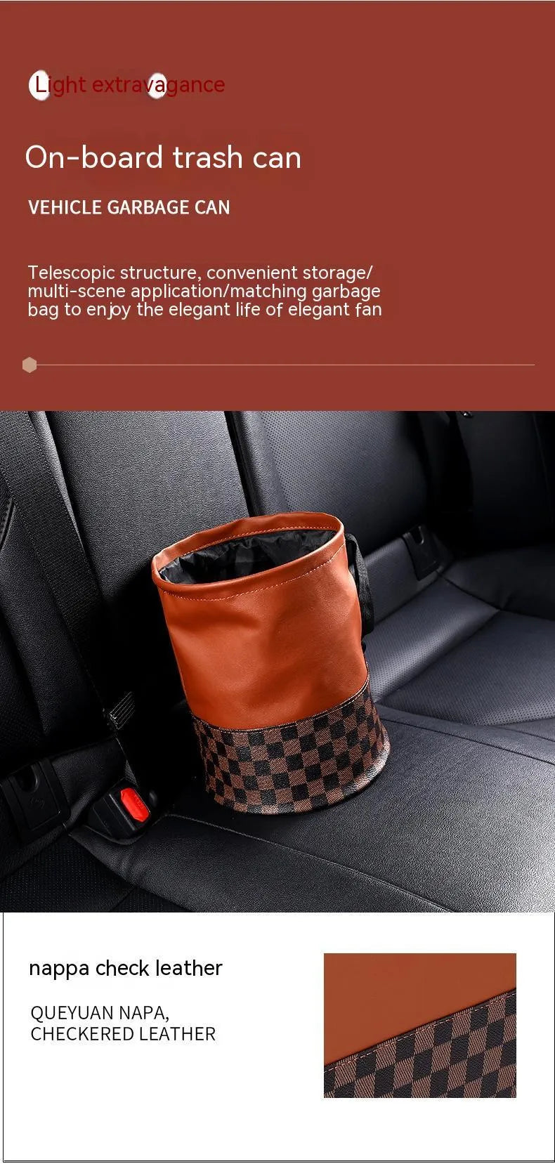 Retractable leather car trash can with waterproof lining and carry handle shown in vehicle