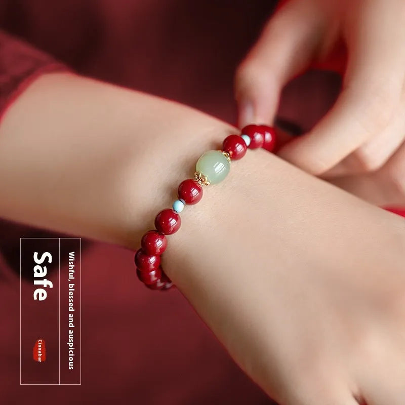 Purple gold sand cinnabar bracelet with geometric ellipse beads, shown in low and high purity content options.