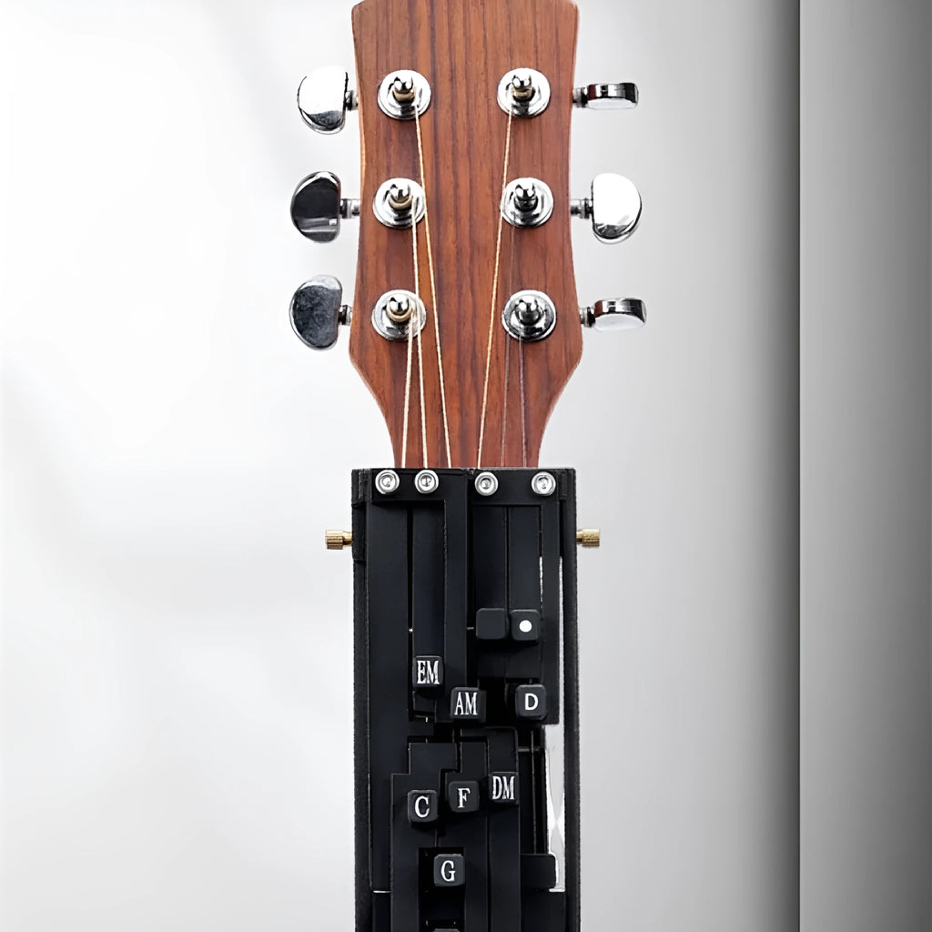 Automatic guitar chord capo device for beginner folk guitar players showing double chord mechanism
