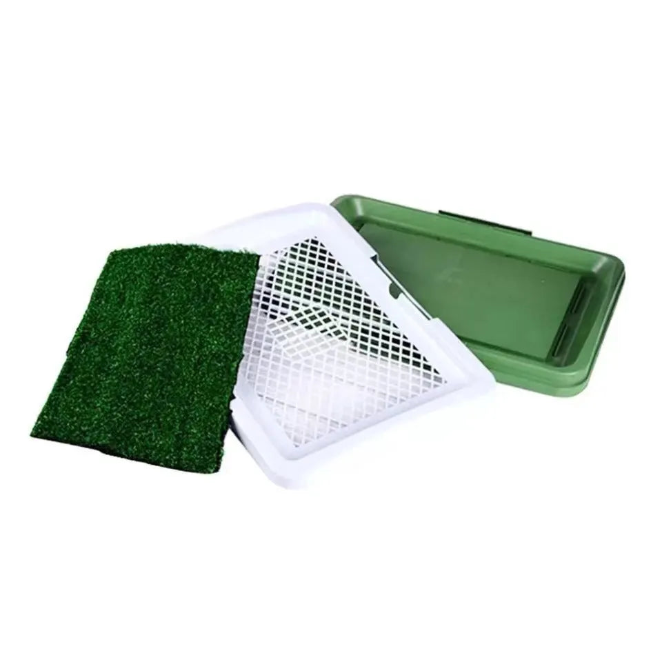 Green synthetic turf dog toilet tray with three-layer construction for indoor potty training