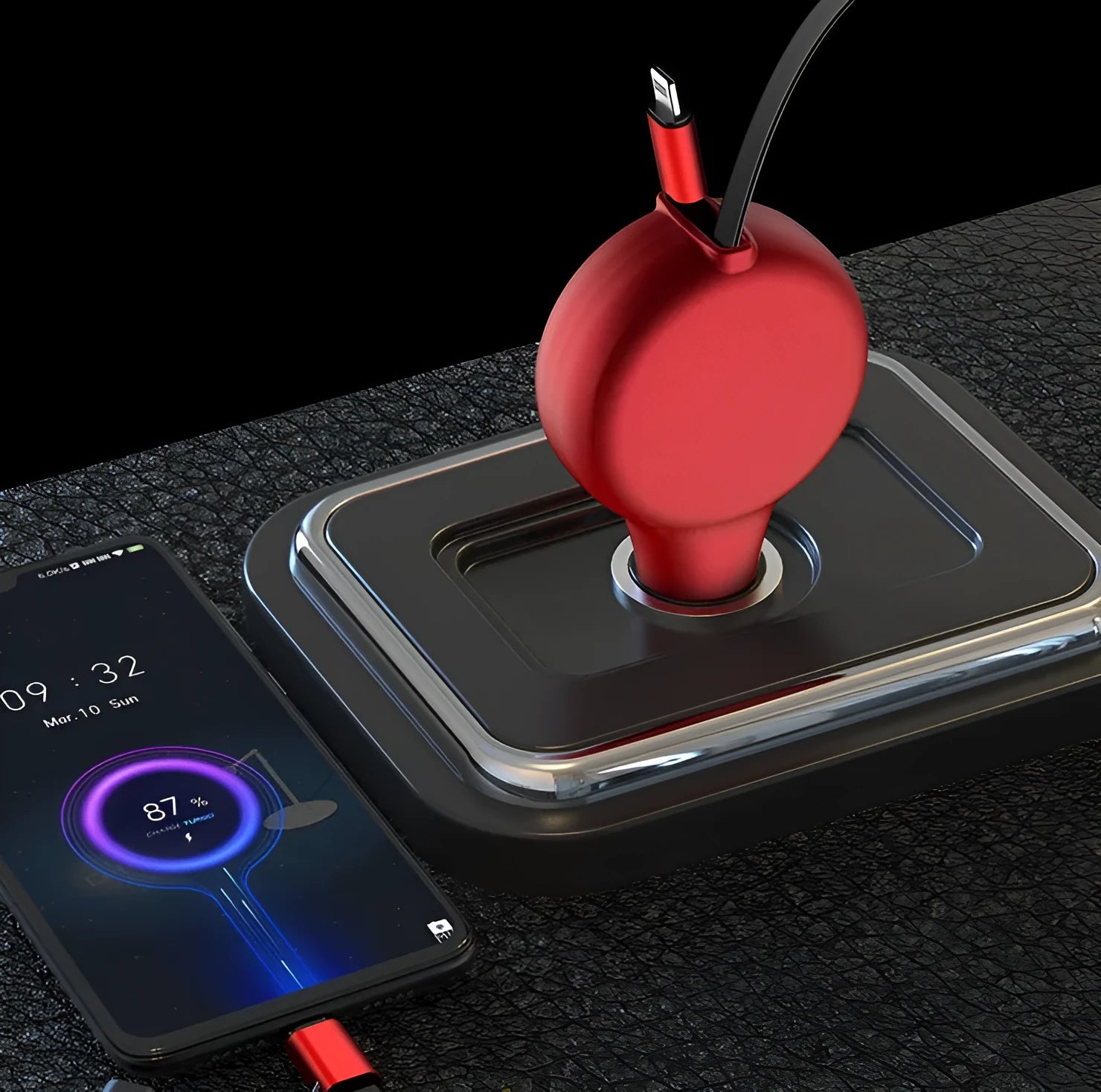 Black retractable car charger with extended cables plugged into a car power outlet.