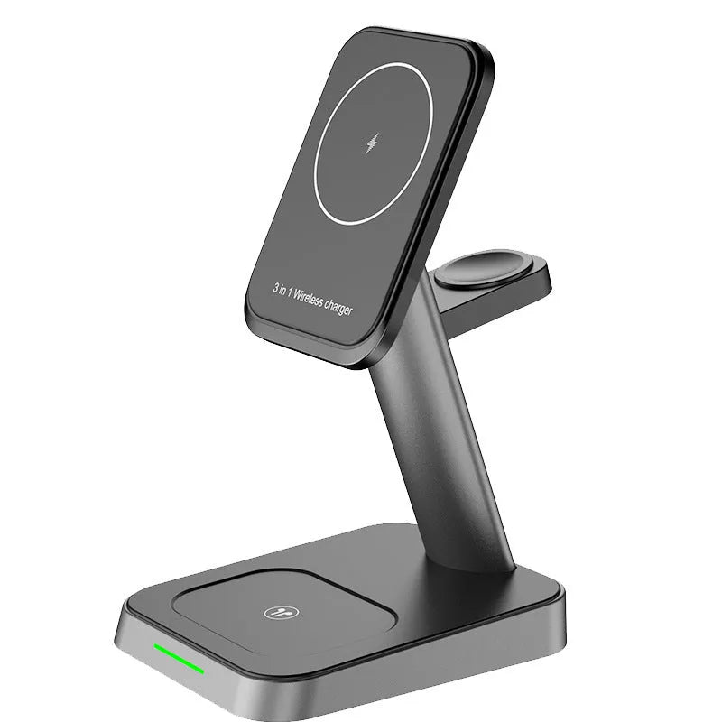 Black cube wireless charging station with vertical phone stand and Apple Watch charger