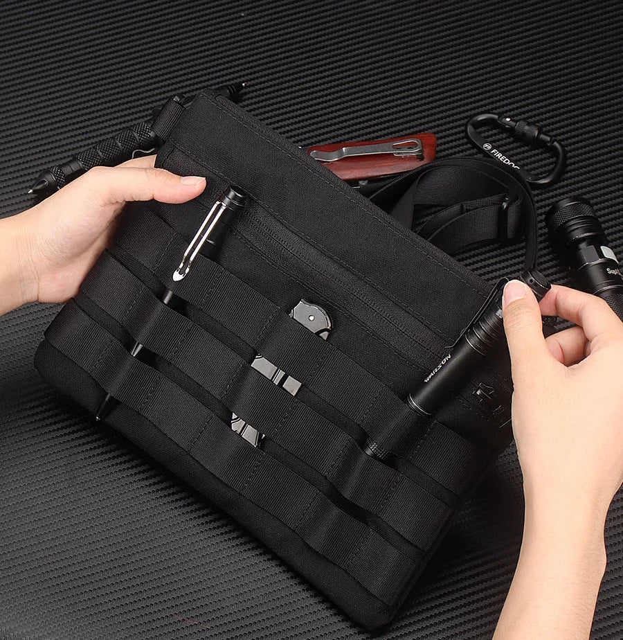 Black Oxford cloth military-style outdoor tactical bag, compact size.