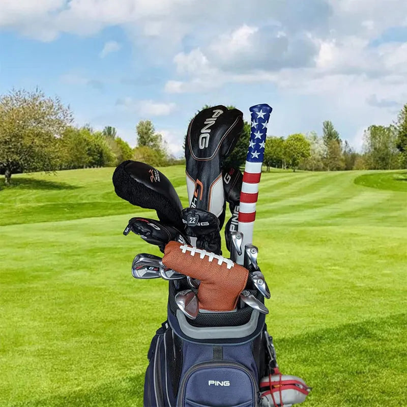 Black PU leather golf club head cover, a protective push rod sleeve.