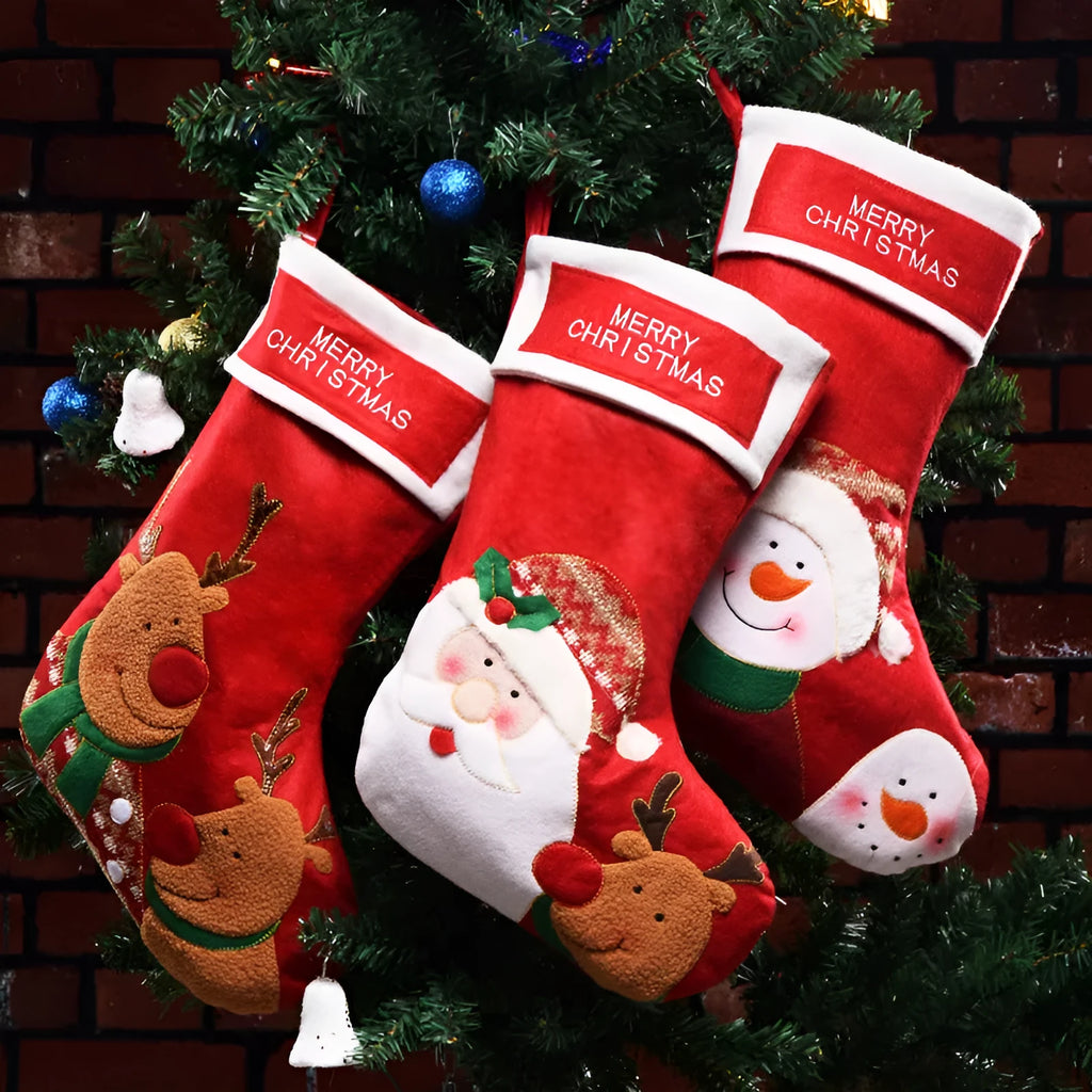 Non-woven fabric Christmas stocking decoration in elk, old man and snowman designs for candy or hanging display.