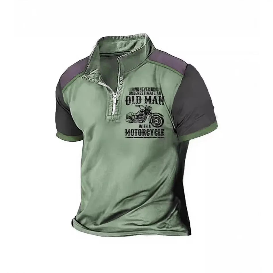 Men's casual polo shirt with digital letter printing and lapel, short sleeves, available in multiple colours and sizes.